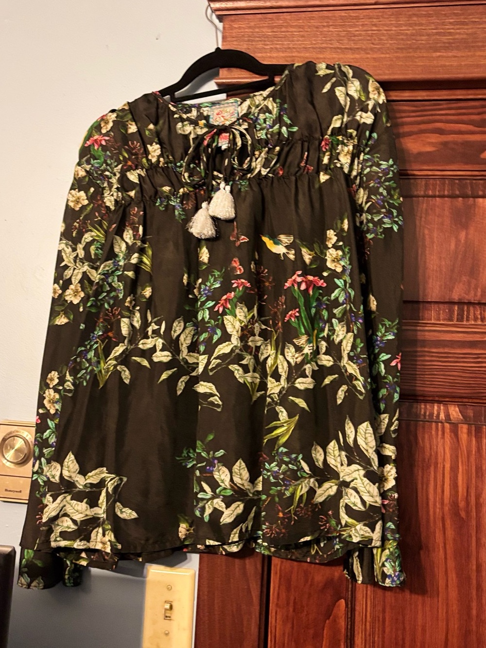 Johnny Was Olive Green Floral Tassel Peasant Blouse
